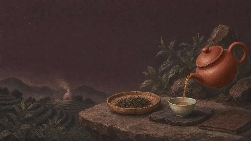 Tea and Yunnan terraces in a Chinese mineral-pigment painting