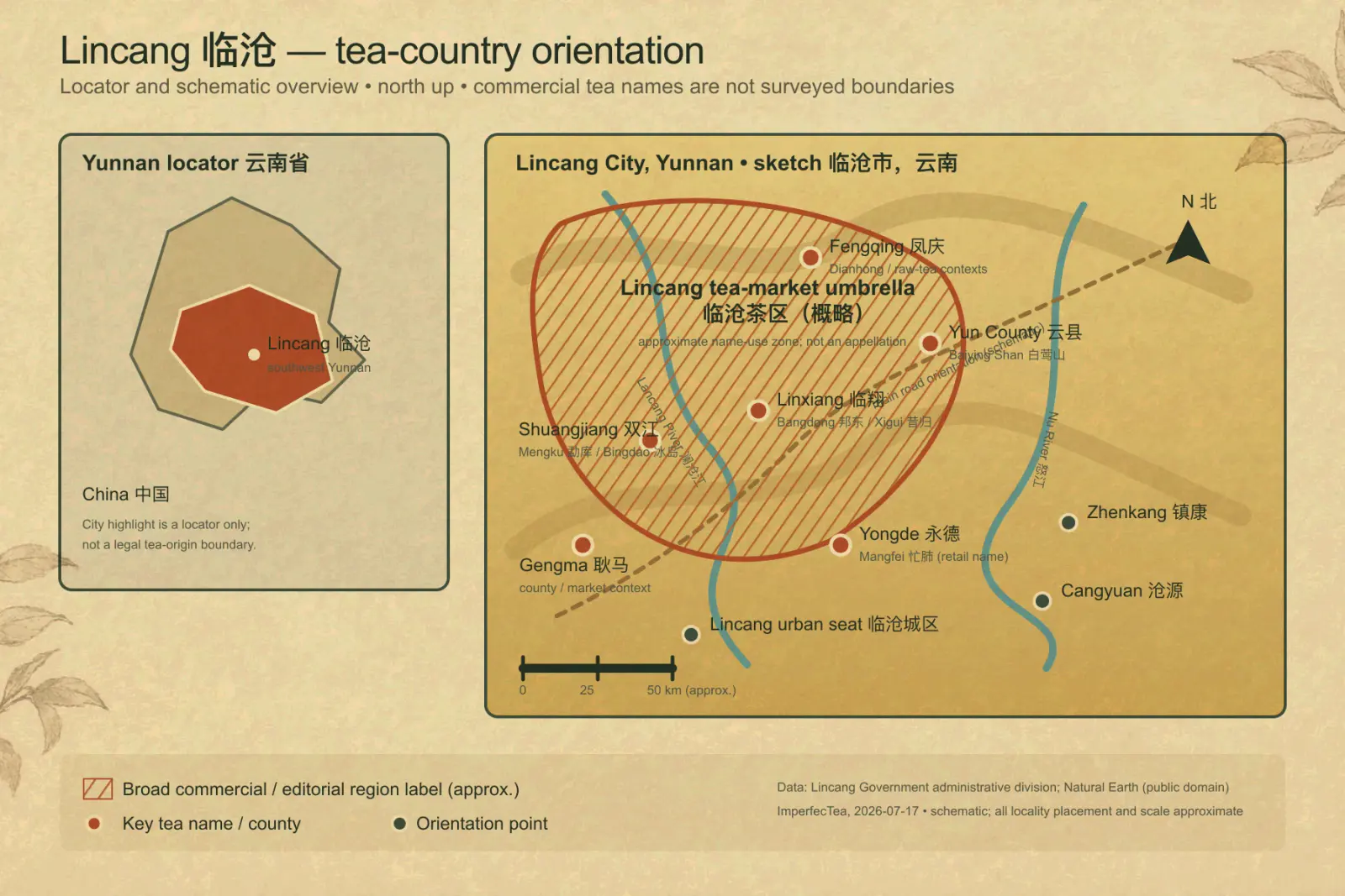 Composite north-up schematic map locating Lincang City in Yunnan and selected tea names including Mengku, Bangdong/Xigui, Yongde, Fengqing and Yun County.