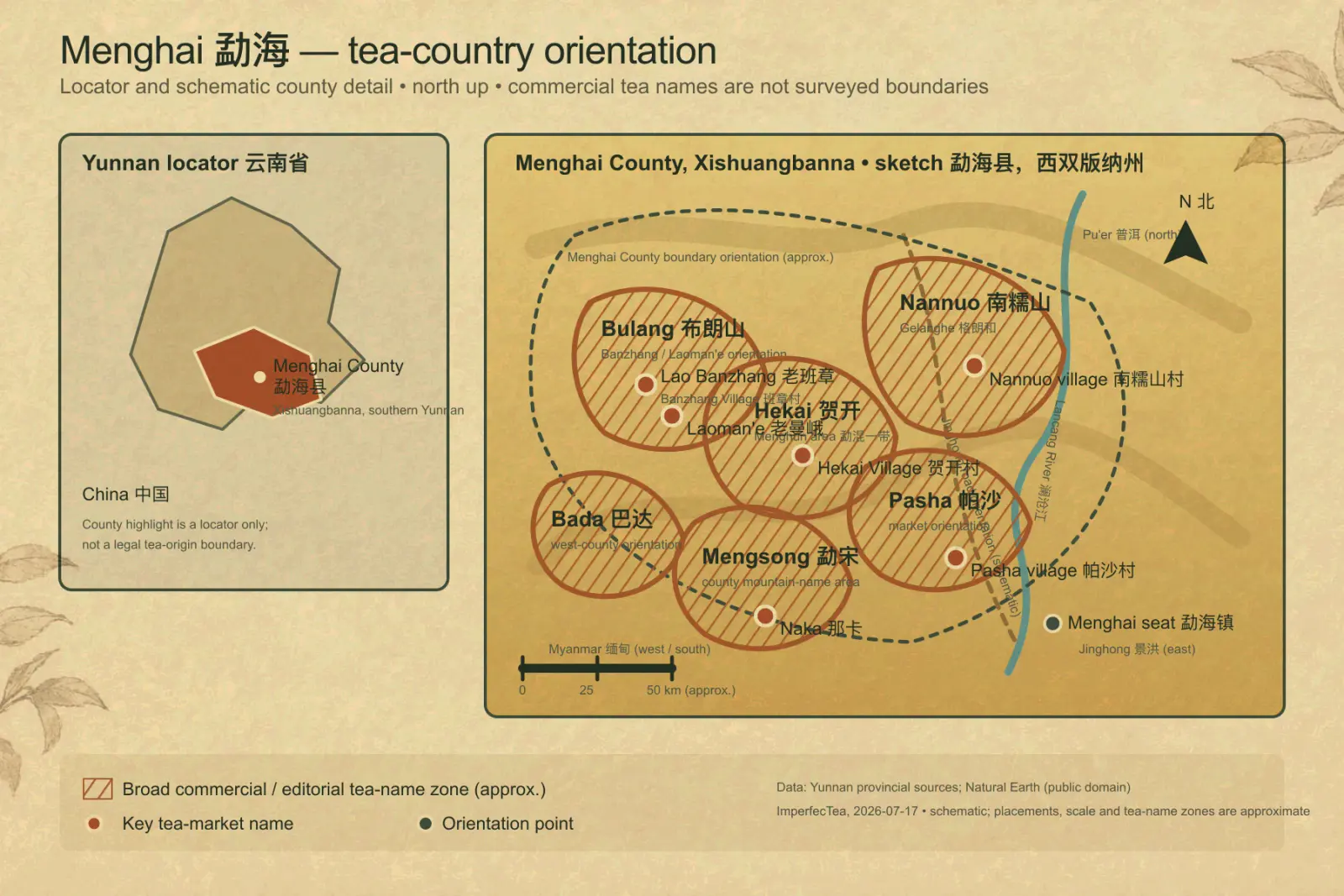 Composite map locating Menghai County in Xishuangbanna, Yunnan, with approximate tea-market orientations for Bulang, Hekai, Nannuo, Pasha, Mengsong and Bada.
