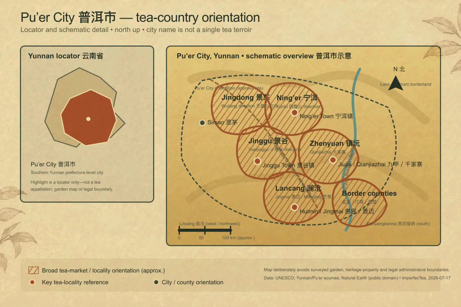 Composite north-up schematic map locating Pu’er City in Yunnan and showing the broad directions of Jingmai, Ning’er/Kunlu, Xiaojinggu, Jingdong/Wuliang, Zhenyuan/Qianjiazhai, and the Lancang River.