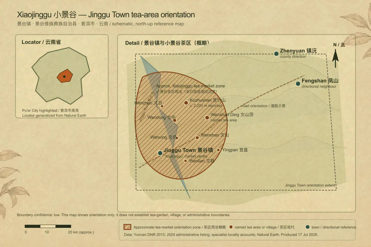 Schematic orientation graphic for Xiaojinggu and Jinggu Town, showing Wenshan, Kuzhushan and other labels