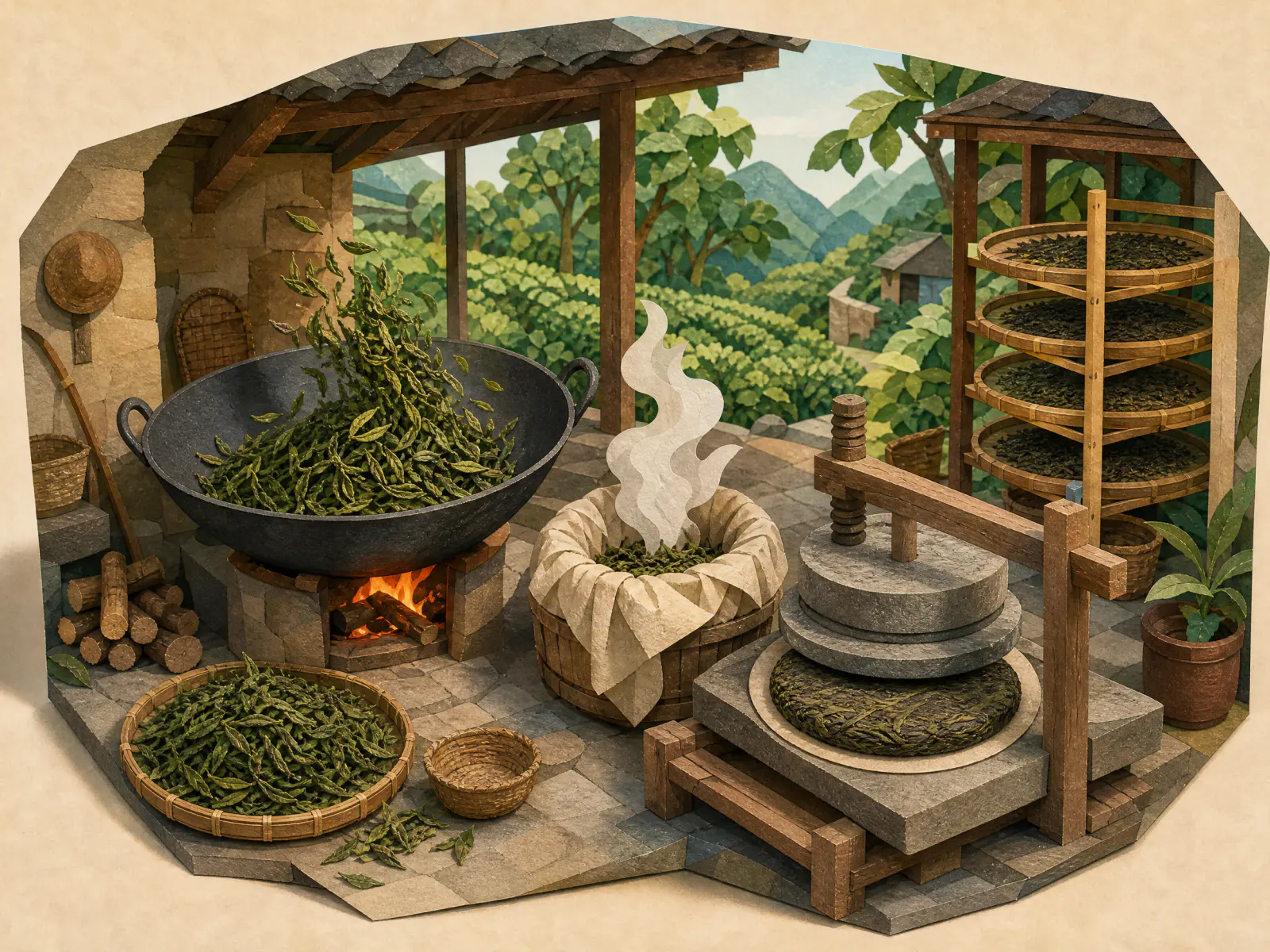 Handcrafted paper diorama of raw pu-erh leaves moving from wok fixation through brief steaming to stone pressing