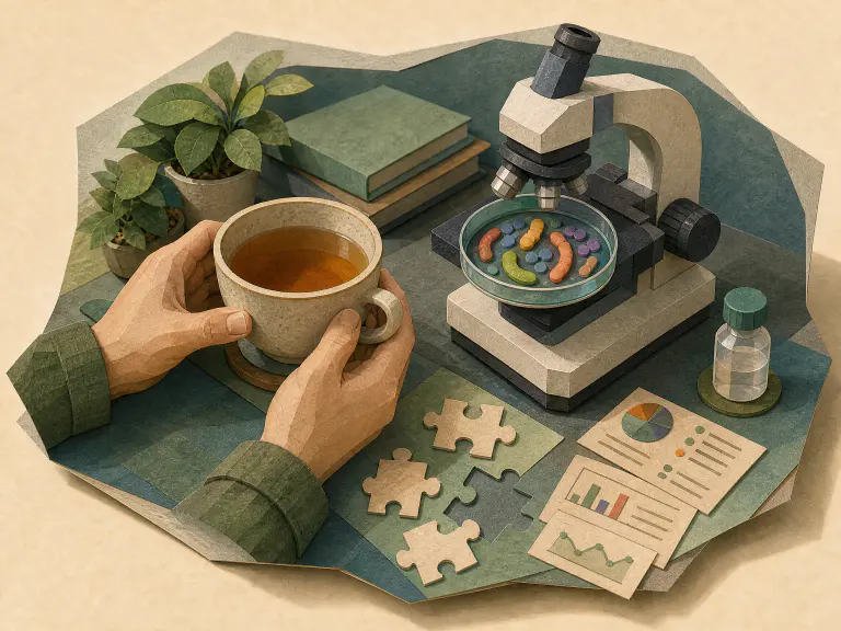 Handcrafted paper diorama of a tea drinker comparing a daily cup with microscope studies and incomplete evidence