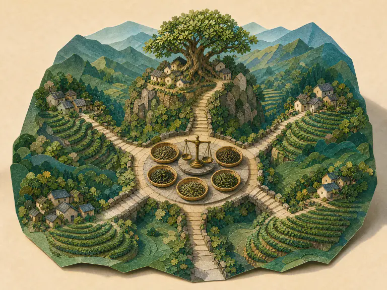 Five mountain tea villages converging on a central Bingdao leaf appraisal table