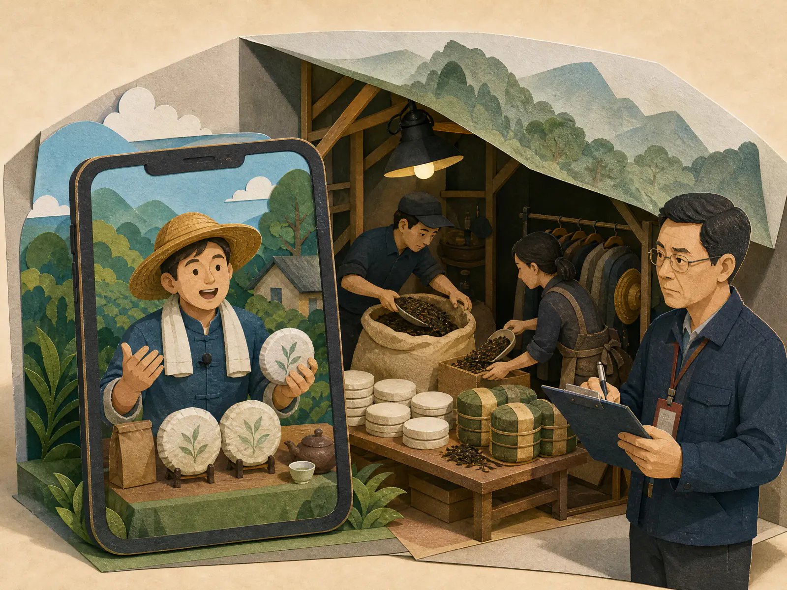 A staged farmer tea livestream revealed as a studio set with ordinary tea being repackaged backstage