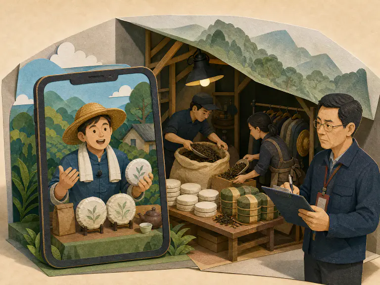 A staged farmer tea livestream revealed as a studio set with ordinary tea being repackaged backstage
