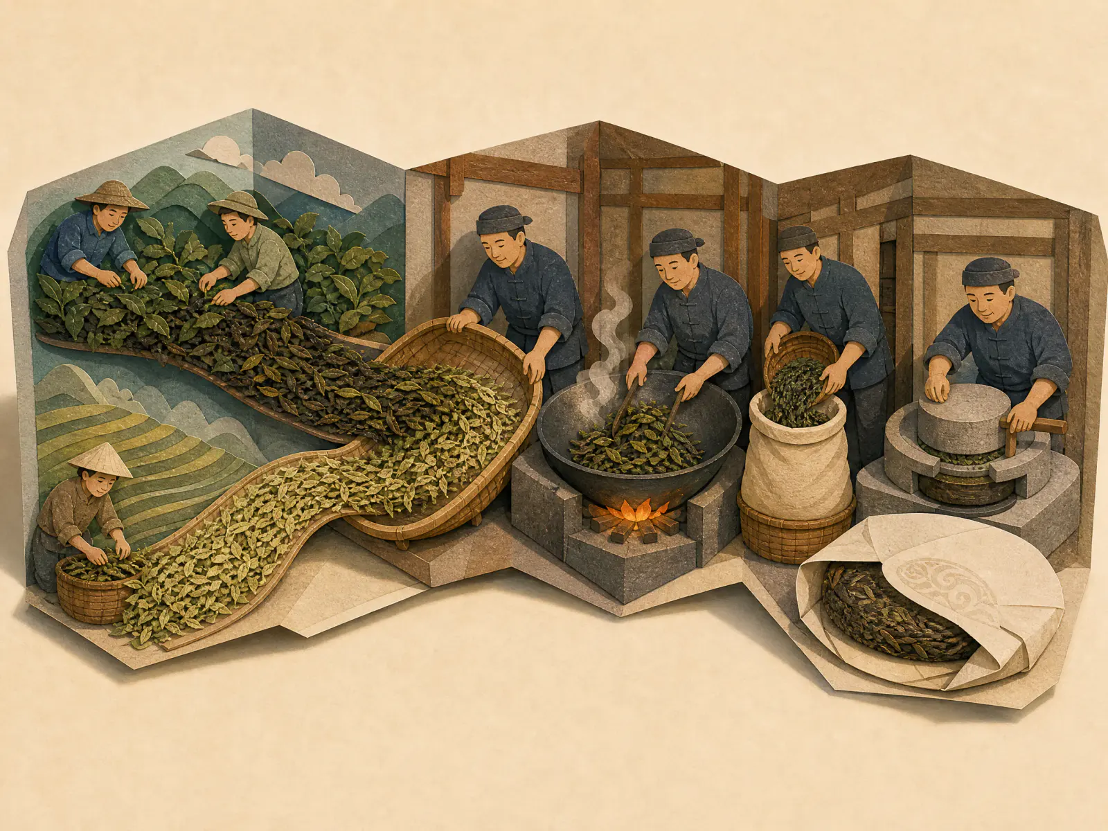 Two different tea leaf streams being mixed through the Pu-erh processing and pressing chain