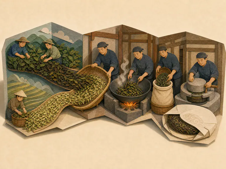 Two different tea leaf streams being mixed through the Pu-erh processing and pressing chain