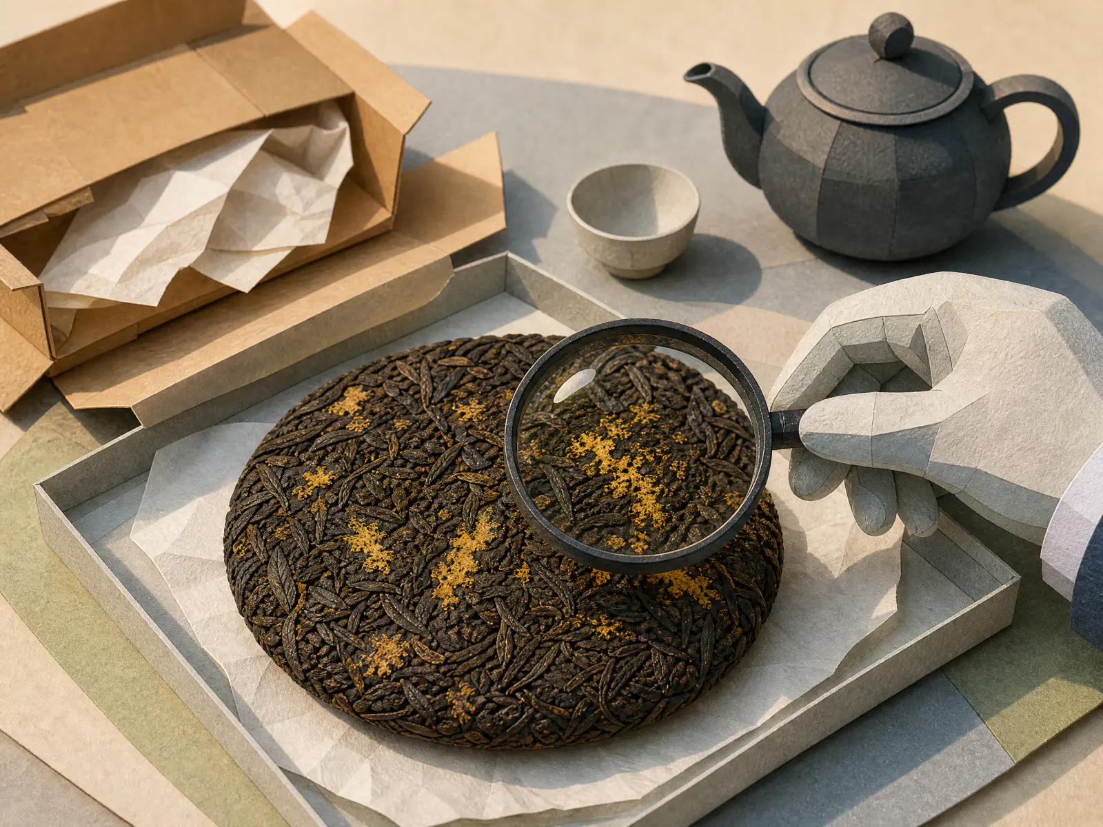 Handcrafted paper diorama of a yellow-spotted pu-erh cake isolated on a tray and examined through a magnifying glass