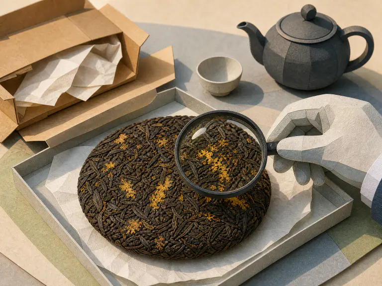 Handcrafted paper diorama of a yellow-spotted pu-erh cake isolated on a tray and examined through a magnifying glass