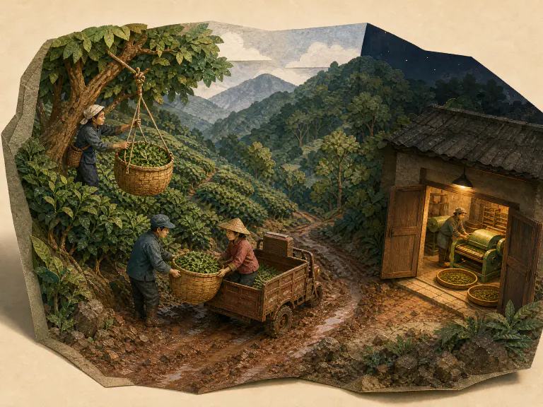 Cut-paper diorama of fresh tea travelling from a steep Yunnan garden along a muddy road to night processing