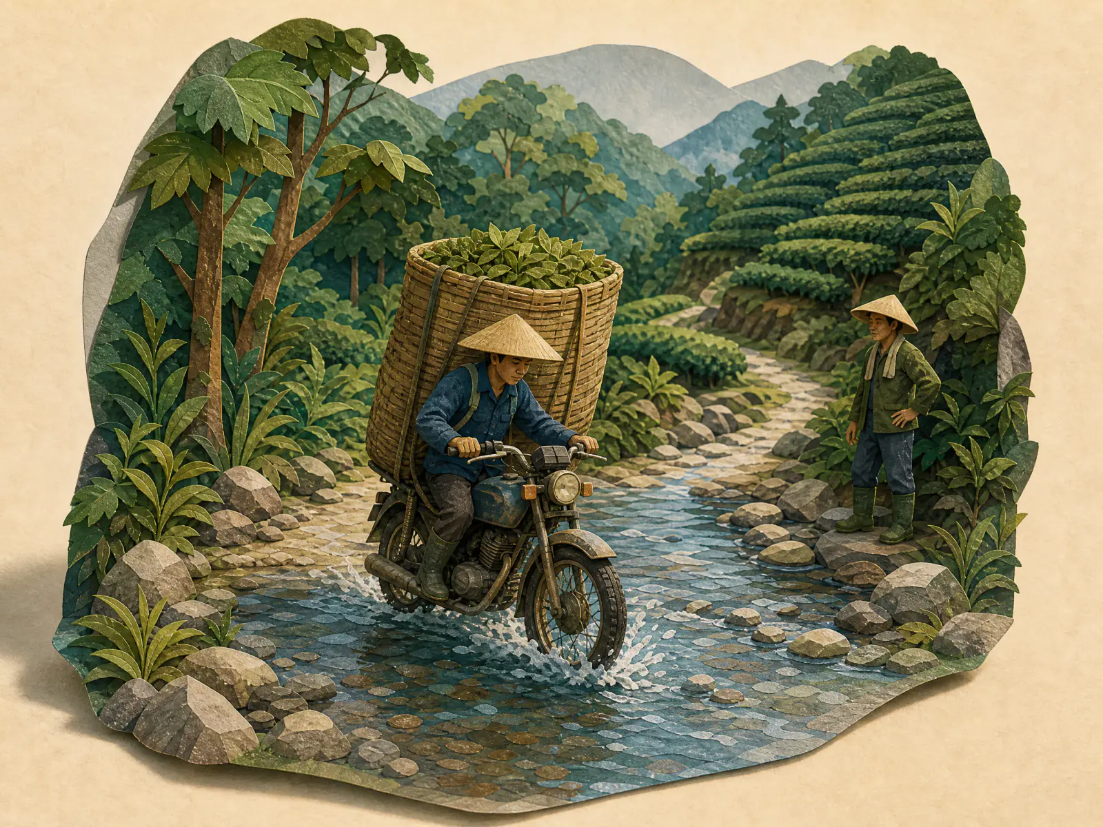 Cut-paper diorama of a motorbike carrying a tea basket through a shallow forest stream road south of Yiwu