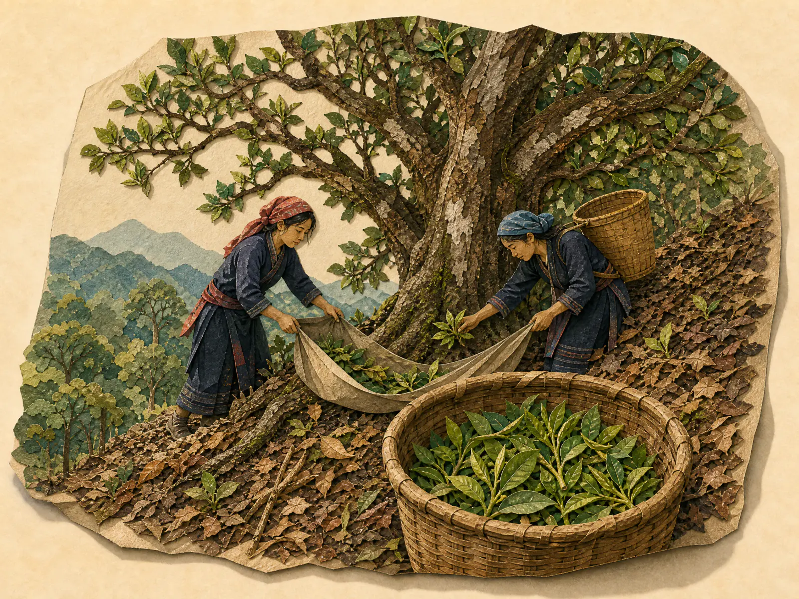 Cut-paper diorama of pickers gathering fresh shoots beneath an old tea tree on a steep Lao Banzhang slope