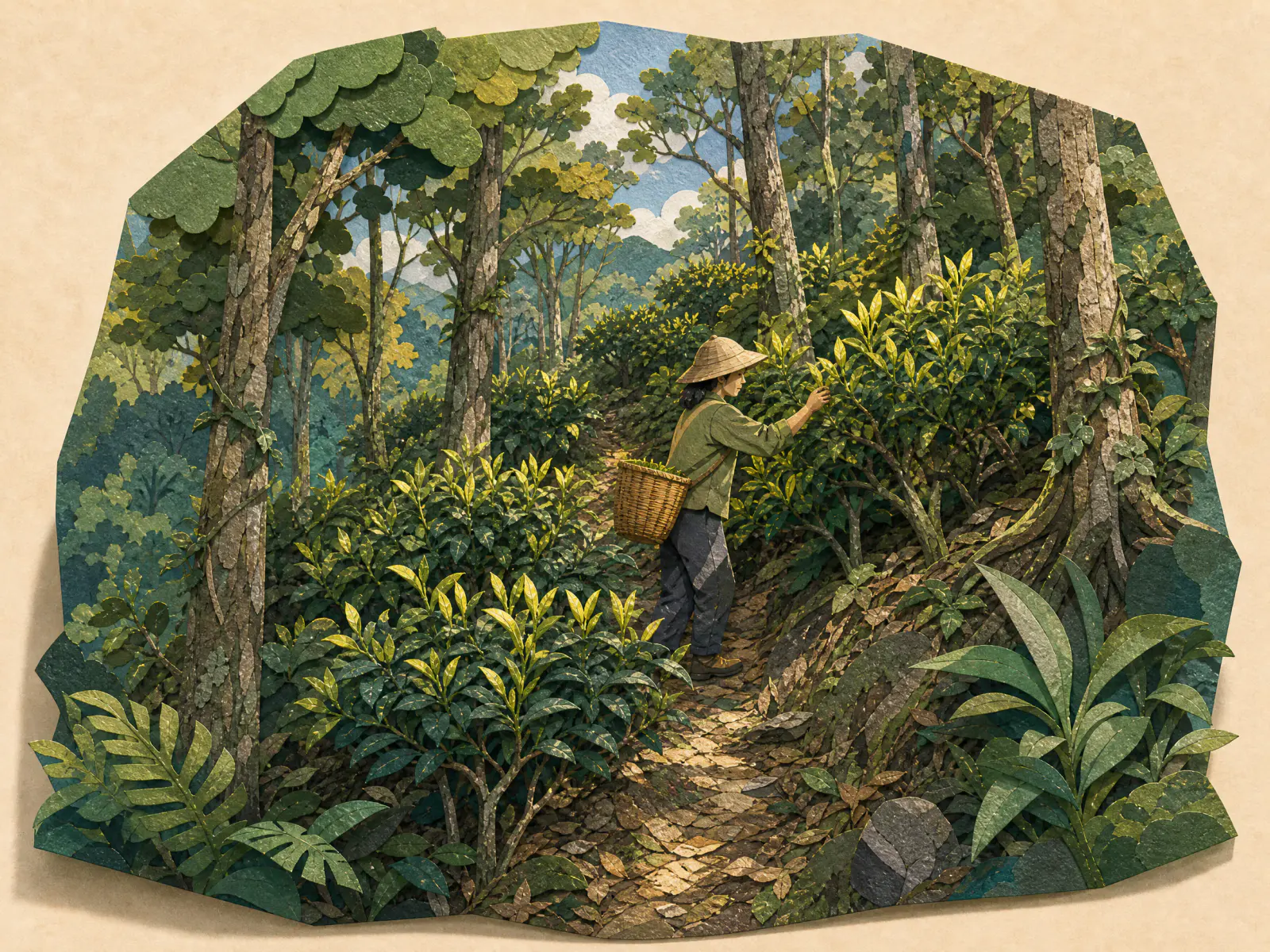 Cut-paper diorama of a picker climbing through a high Mengsong tea garden woven into mixed forest