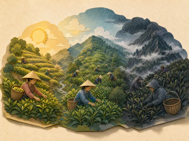 Cut-paper diorama of Yunnan tea mountains divided between early warmth, balanced rain, and a cold wet delay
