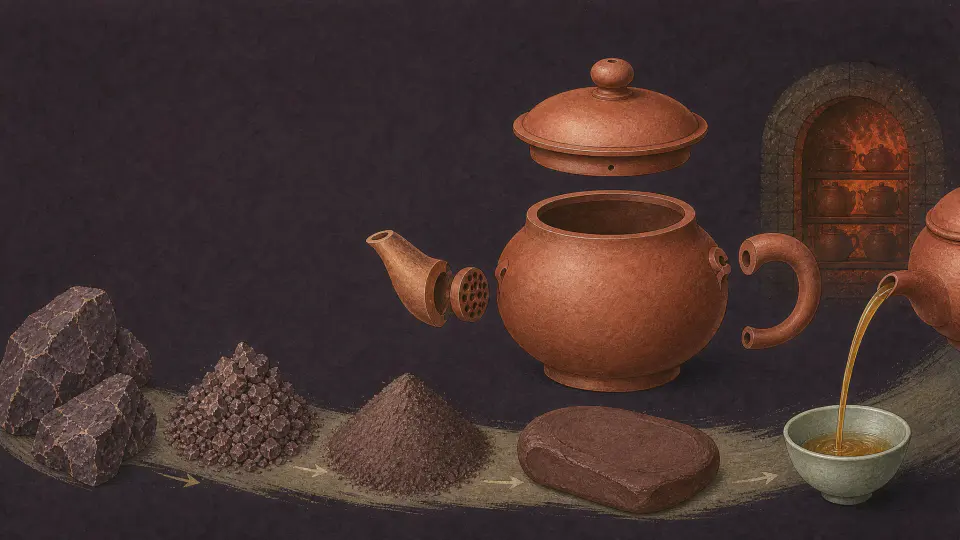 Yixing pot, ore, clay and kiln in a technical painting